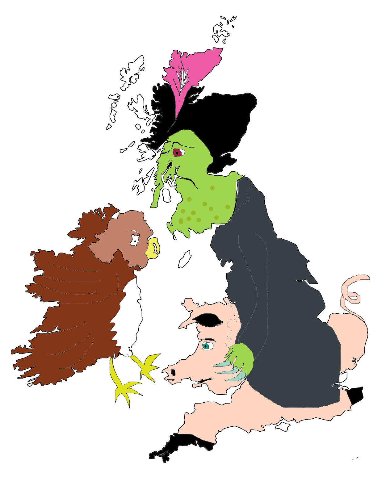 outline cartoon of Britain and Ireland as witch, pig and parrot
